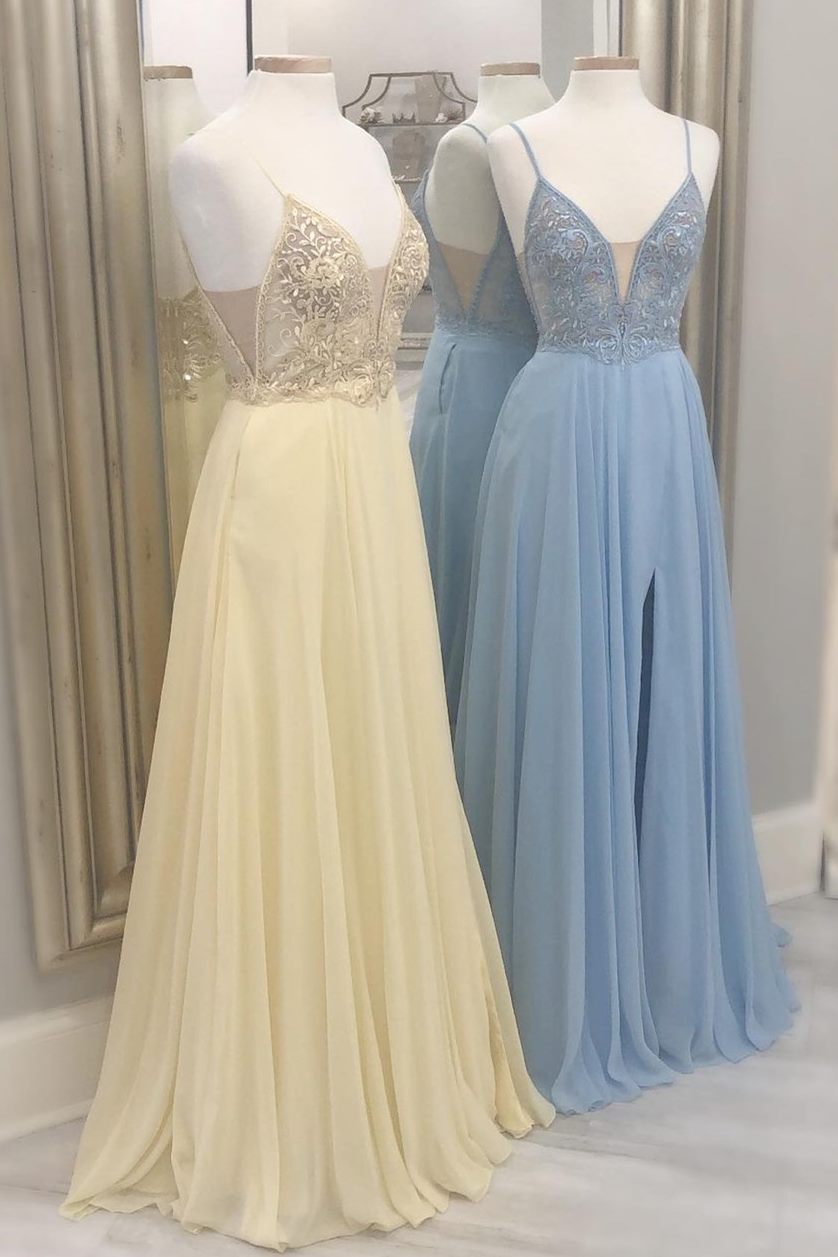 Spaghetti Straps Yellow Lace Appliques Long Formal HZ0307