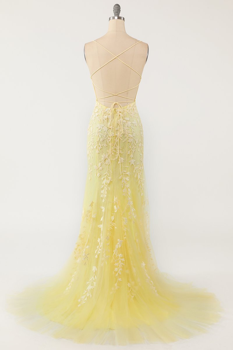 Mermaid Yellow Lace Appliques Long Formal HZ0307