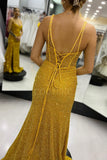 Yellow Sequin Straps Mermaid Long Prom Dress with Lace Up HZ0307