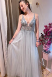 Grey Beaded Plunge A-line Long Formal HZ0307