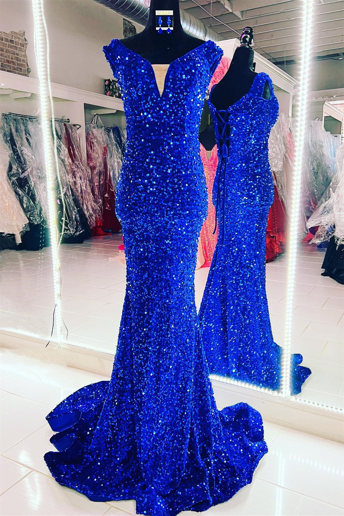 Royal Blue Sequin Off the Shoulder Mermaid Long Prom HZ0307