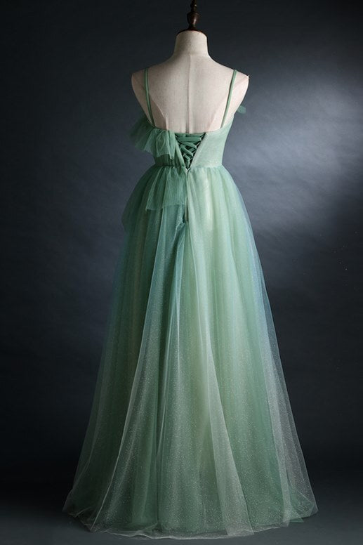 Spaghetti Straps Green Tulle Long Formal HZ0307