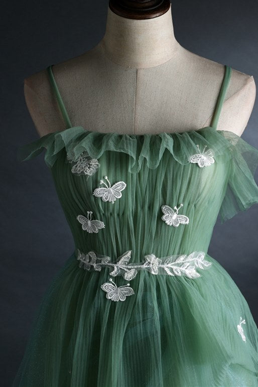 Spaghetti Straps Green Tulle Long Formal HZ0307