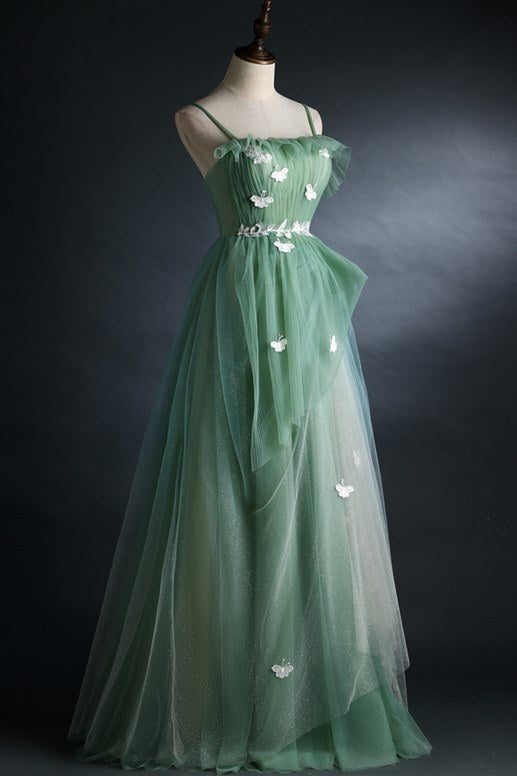 Spaghetti Straps Green Tulle Long Formal HZ0307