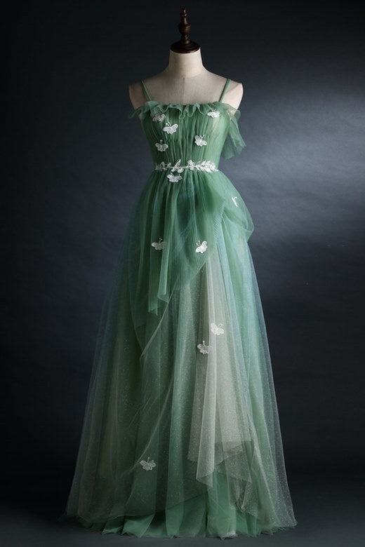 Spaghetti Straps Green Tulle Long Formal HZ0307