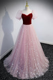 Princess Pink Soft Tulle and Burgundy Velvet Long Formal HZ0307