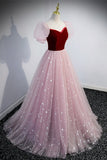 Princess Pink Soft Tulle and Burgundy Velvet Long Formal HZ0307