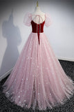 Princess Pink Soft Tulle and Burgundy Velvet Long Formal HZ0307