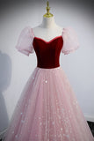 Princess Pink Soft Tulle and Burgundy Velvet Long Formal HZ0307