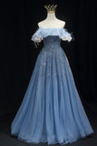 Off the Shoulder Blue Beaded A-line Long Formal HZ0307
