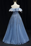 Off the Shoulder Blue Beaded A-line Long Formal HZ0307