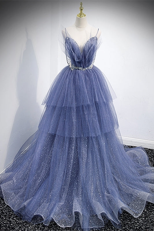 Princess Blue Spaghetti Straps Tiered Long Formal HZ0307