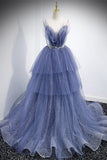 Princess Blue Spaghetti Straps Tiered Long Formal HZ0307
