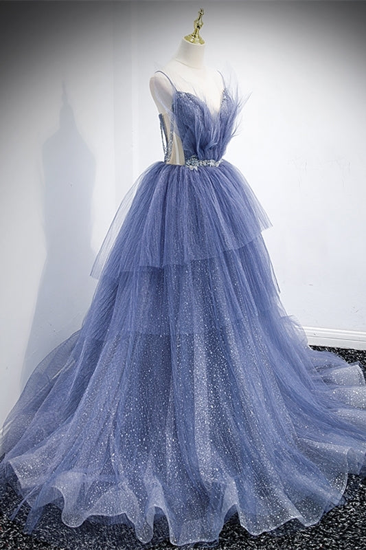 Princess Blue Spaghetti Straps Tiered Long Formal HZ0307