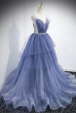 Princess Blue Spaghetti Straps Tiered Long Formal HZ0307