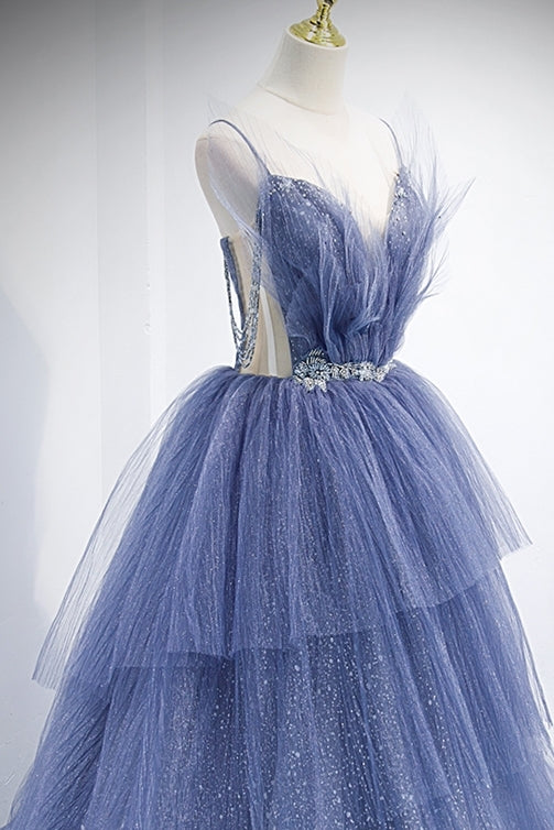 Princess Blue Spaghetti Straps Tiered Long Formal HZ0307