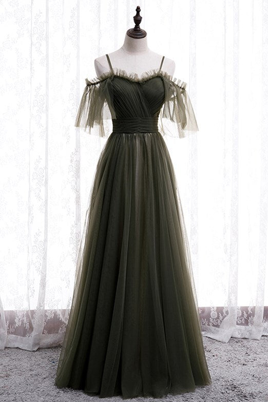 Off the Shoulder Dark Green Pleated Long Formal HZ0307