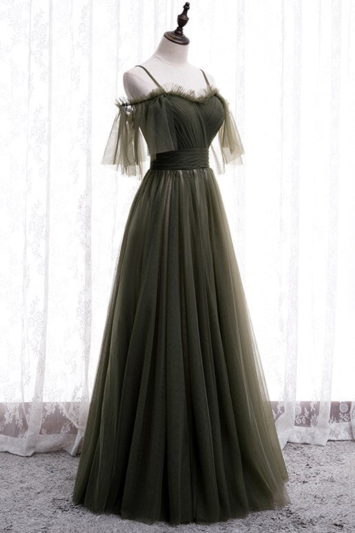 Off the Shoulder Dark Green Pleated Long Formal HZ0307