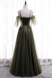 Off the Shoulder Dark Green Pleated Long Formal HZ0307