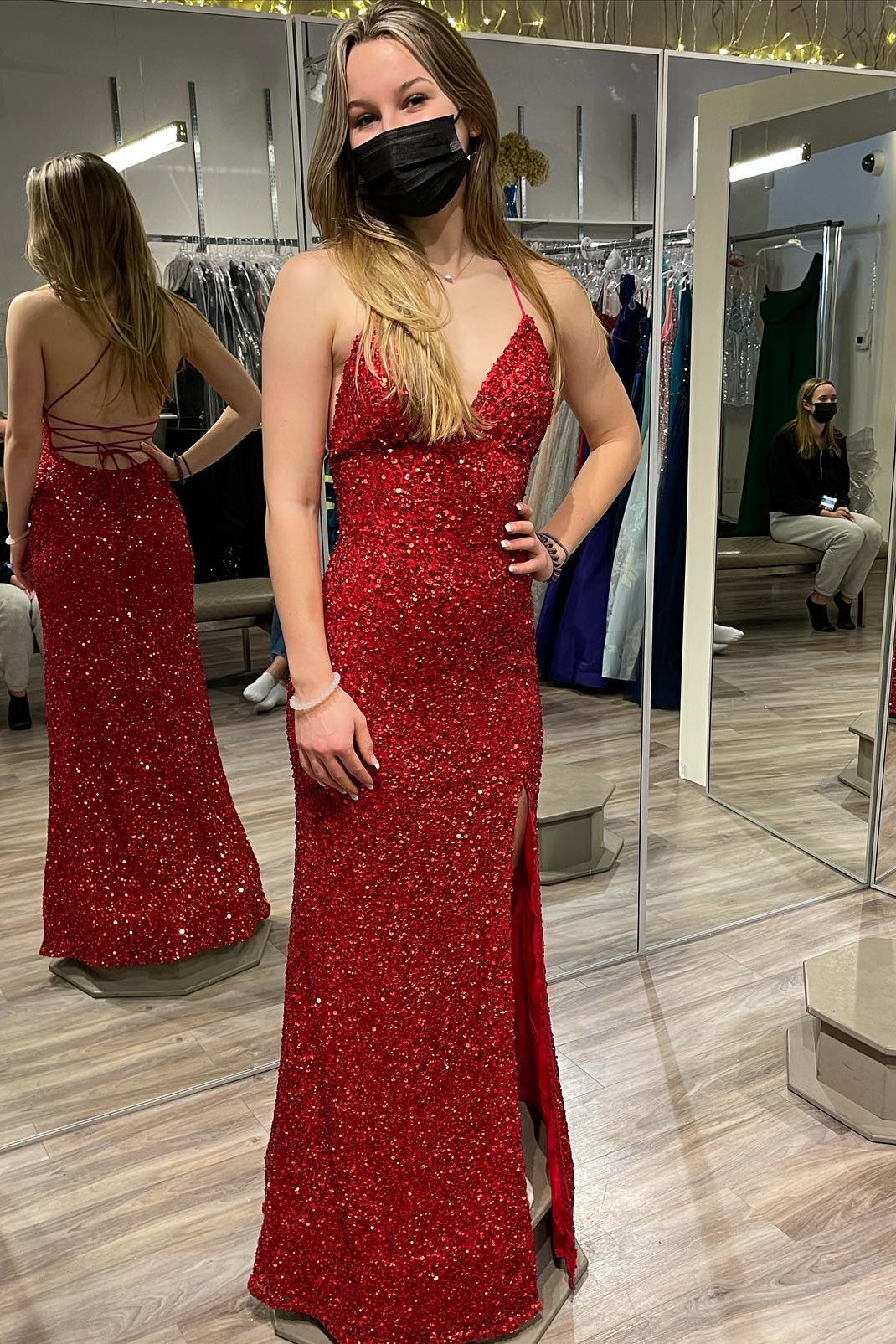 Straps Red Sequin V Neck Mermaid Long Formal HZ0307