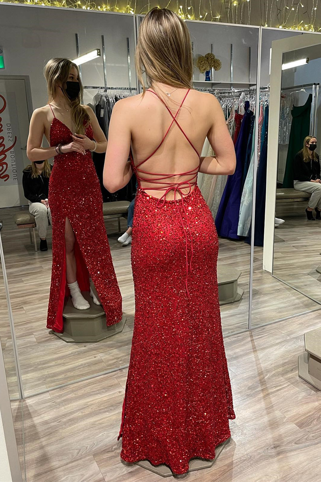 Straps Red Sequin V Neck Mermaid Long Formal HZ0307