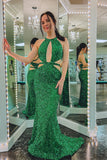 Sexy Green Sequin Halter Mermaid Long Formal HZ0307