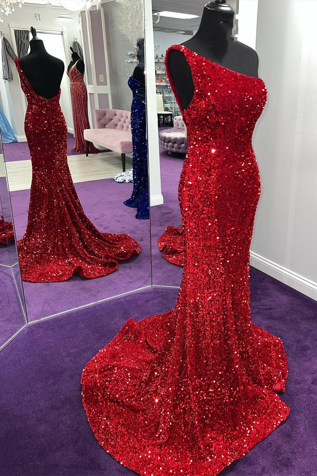 One Shoulder Red Sequin Mermaid Long Prom HZ0307