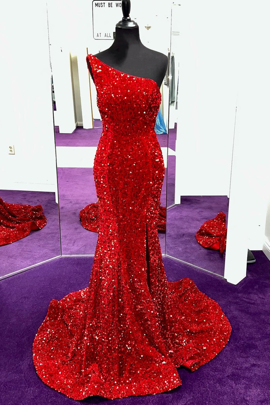 One Shoulder Red Sequin Mermaid Long Prom HZ0307