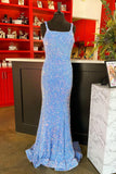 Straps Blue Sequin Mermaid Long Prom Dress with Cross HZ0307