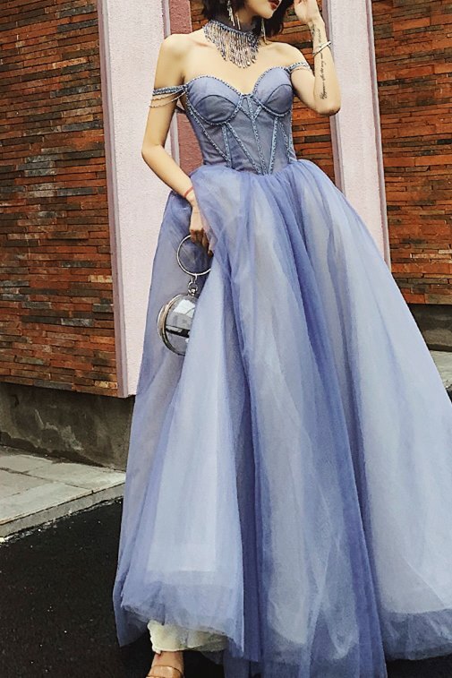 Off the Shoulder Blue Long Prom HZ0307