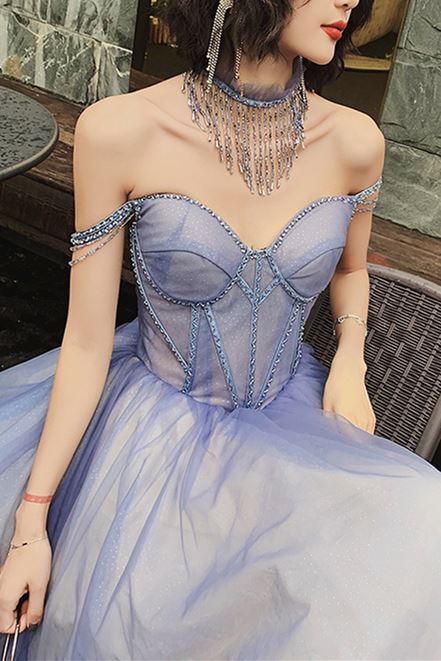 Off the Shoulder Blue Long Prom HZ0307