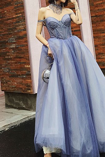 Off the Shoulder Blue Long Prom HZ0307