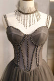 Double Straps Grey A-line Long Prom HZ0307