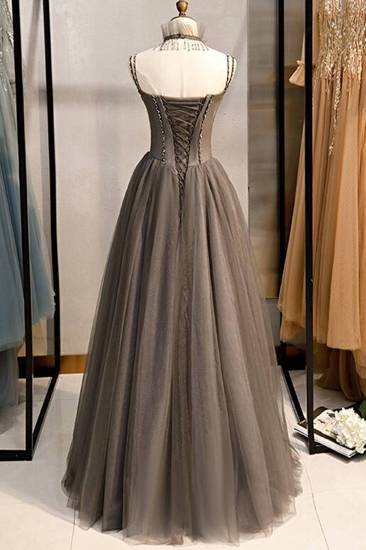Double Straps Grey A-line Long Prom HZ0307