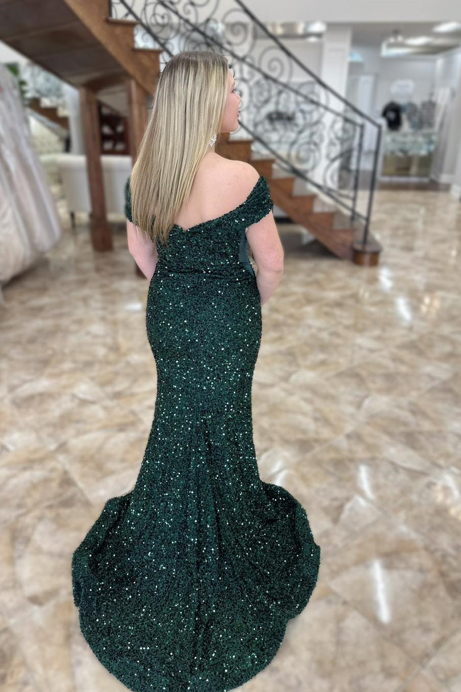 Off the Shoulder Dark Green Sequin Mermaid Long Formal HZ0307