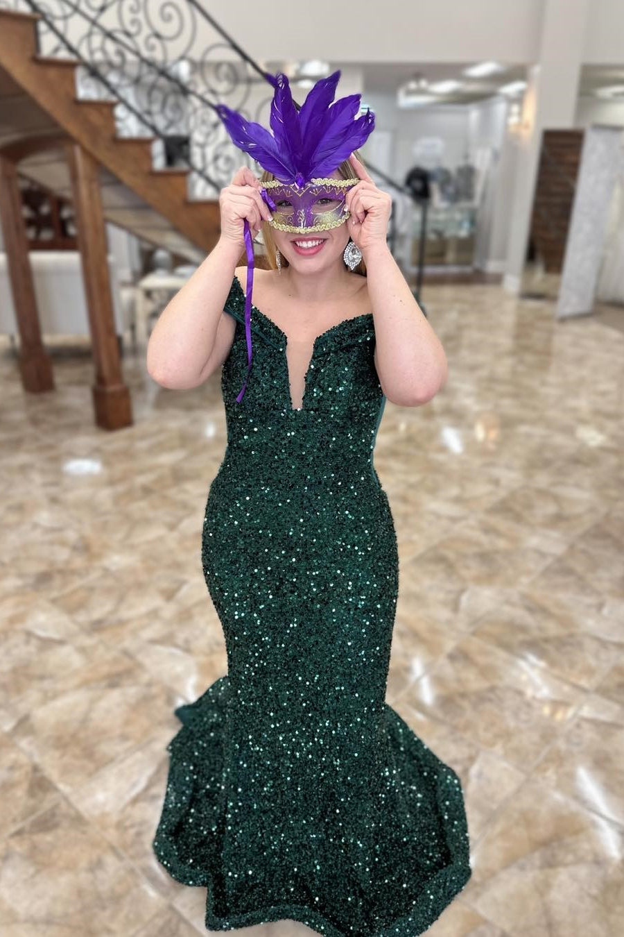 Off the Shoulder Dark Green Sequin Mermaid Long Formal HZ0307