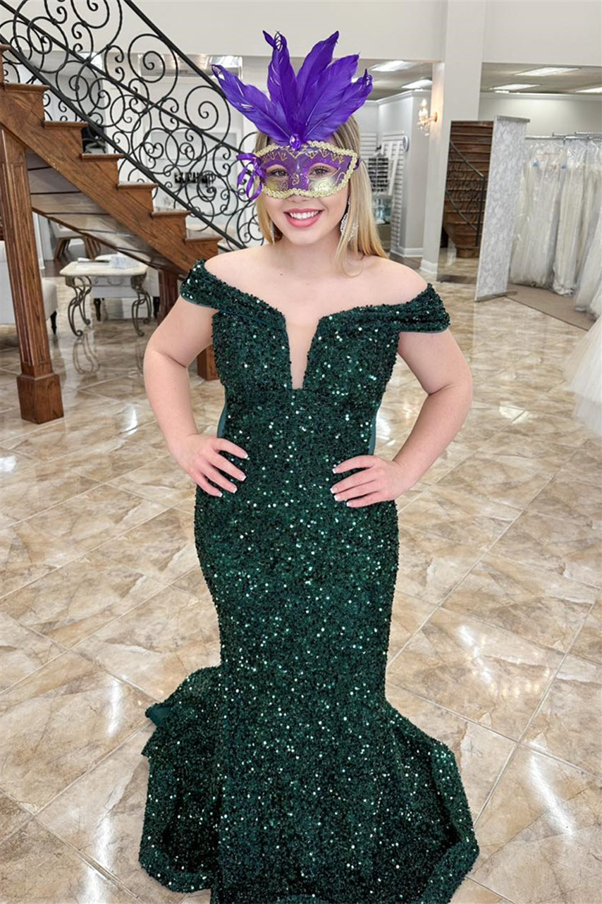 Off the Shoulder Dark Green Sequin Mermaid Long Formal HZ0307