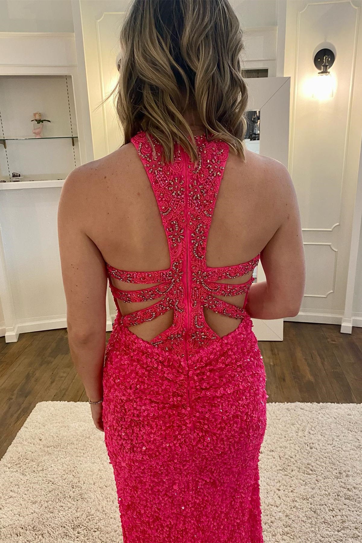 Elegant Hot Pink Sequin Mermaid Slit Long Formal HZ0307