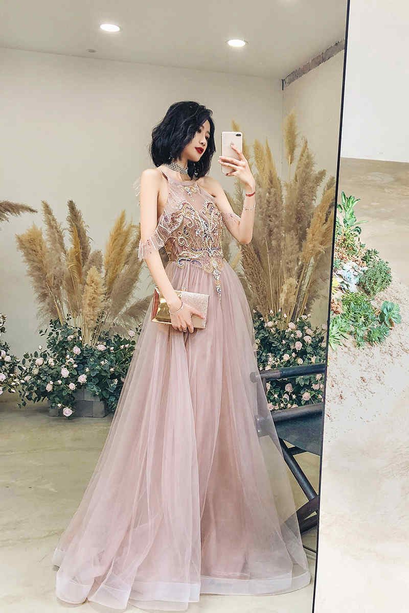 Delicated Champagne Beaded Long Formal Dress with Open HZ0307