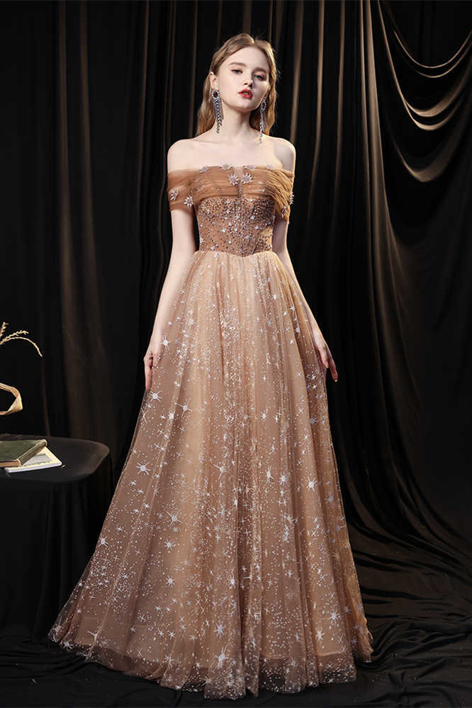 Gorgeous Off the Shoulder Champagne and Stars Long Evening HZ0307