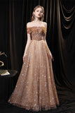 Gorgeous Off the Shoulder Champagne and Stars Long Evening HZ0307