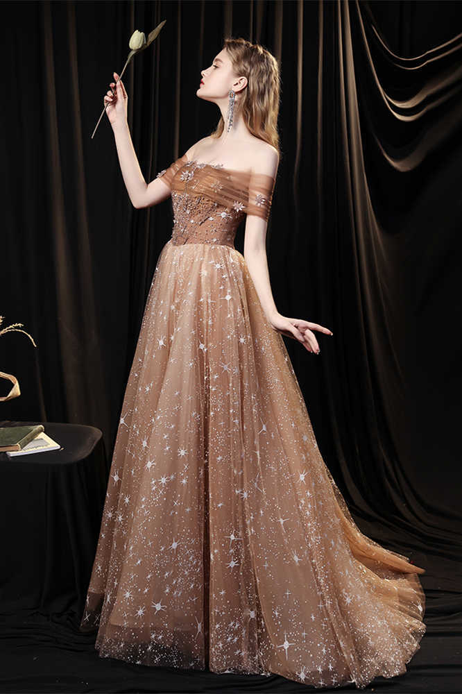 Gorgeous Off the Shoulder Champagne and Stars Long Evening HZ0307