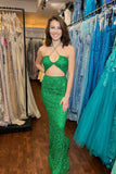 Sexy Green Sequin Halter Mermaid Long Prom HZ0307