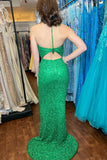 Sexy Green Sequin Halter Mermaid Long Prom HZ0307