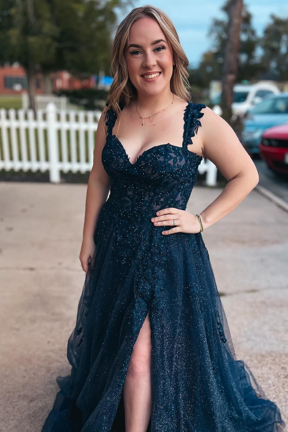 Dark Navy Appliques A-line Long Formal HZ0307