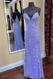 Spaghetti Straps Lilac Appliques Sheath Long Prom HZ0307