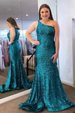 One Shoulder Turquoise Sequin Mermaid Long Formal HZ0307