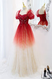 Red Ombre A-line Tulle Long Formal Dress with Short HZ0307