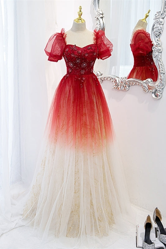 Red Ombre A-line Tulle Long Formal Dress with Short HZ0307