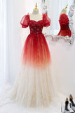 Red Ombre A-line Tulle Long Formal Dress with Short HZ0307